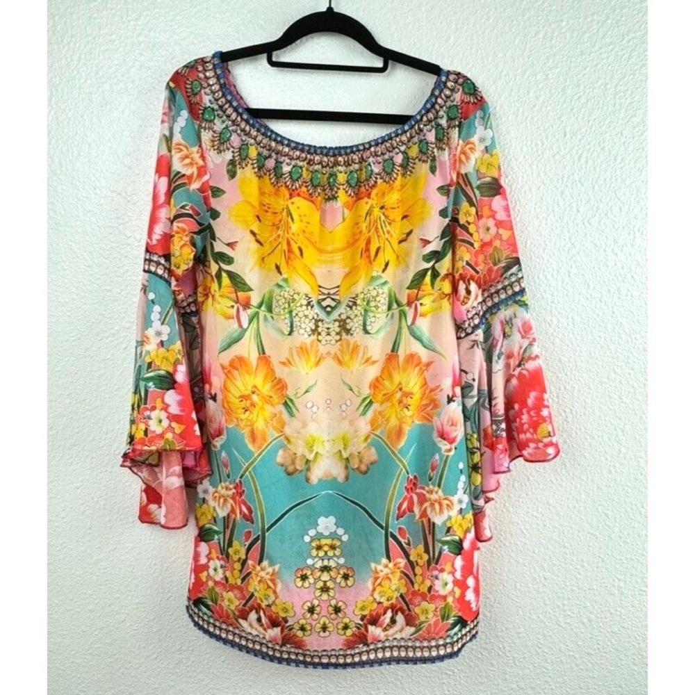 Sheer Swim Cover Up Tunic Blouse Sz Large Floral Resortwear Boho Beach Glam